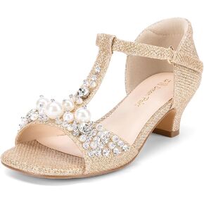 DREAM PAIRS Girls Sandals Ankle Strap T-Strap Low Heel Pearl Bow Flower Pump Dress Wedding Party Shoes for Little Kid/Big Kid