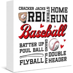 Baseball Wooden Box Sign Decor Rustic Baseball Softball Wood Block Plaque Sign Home Shelf Wall Decor