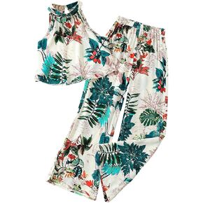 OYOANGLE Girl's Boho 2 Piece Outfits Tropical Print Halter Tank Top and Wide Leg Pants Set Vacation Outfit