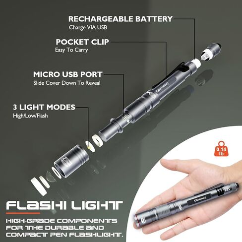 COVMAX Rechargeable Pen Light Flashlight IP67 Waterproof with Pocket Clip 4-Zoomable, Prefect for Inspection,Work,Repair in Kuwait