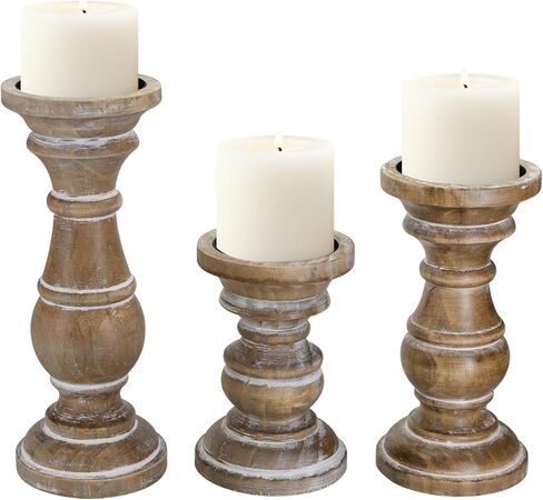 Candle Holder for Pillar Candle Set of 3, Farmhouse Wood Candle Holder, Rustic Wooden Candle Stand, Vintage Small Wooden Candlestick HoldersDecorative for Living Room, Table Centerpiece (Brown) in Saudi Arabia
