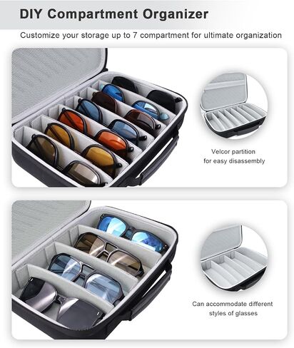 Travel Sunglasses Organizer Case, Portable Eyeglasses Storage Box, Adjustable Multi-Compartments & Crushproof Design, Holds Up to 7 Pairs, Eyewear Display Case for Men Women in Kuwait
