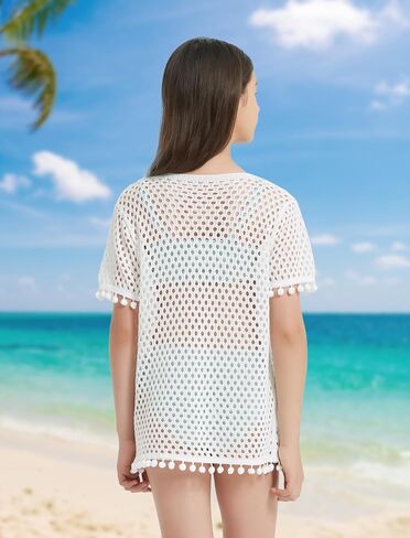 EXARUS Girls Crochet Swim Cover Up Short Sleeve V Neck/Crewneck Swimsuit Summer Boho Hollow Out Beach Short Coverups in Saudi Arabia