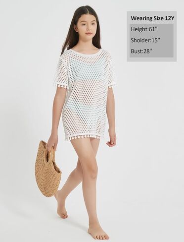 EXARUS Girls Crochet Swim Cover Up Short Sleeve V Neck/Crewneck Swimsuit Summer Boho Hollow Out Beach Short Coverups in Saudi Arabia