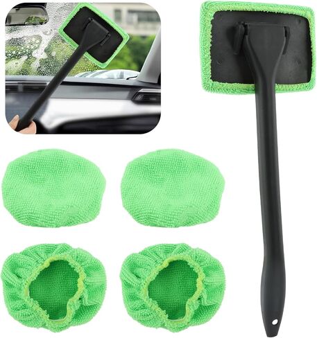Windshield Cleaner Tool, Car Window Cleaner with Extendable Handle,5 Reusable Microfiber Pads,Windshield Cleaning Tool,Auto Glass Wiper for Car Detailing,Home Windows(Green) in Saudi Arabia