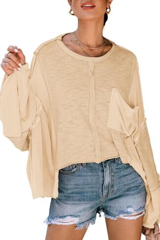 LEMAFER Women's Exposed Seam Chest Pocket Loose Sleeve Oversized Tunic Top Casual Solid Patchwork Long Sleeve Blouse in Saudi Arabia