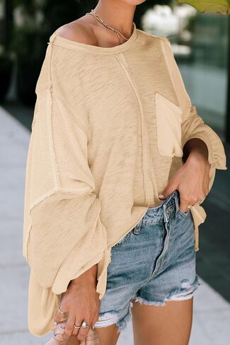 LEMAFER Women's Exposed Seam Chest Pocket Loose Sleeve Oversized Tunic Top Casual Solid Patchwork Long Sleeve Blouse in Saudi Arabia