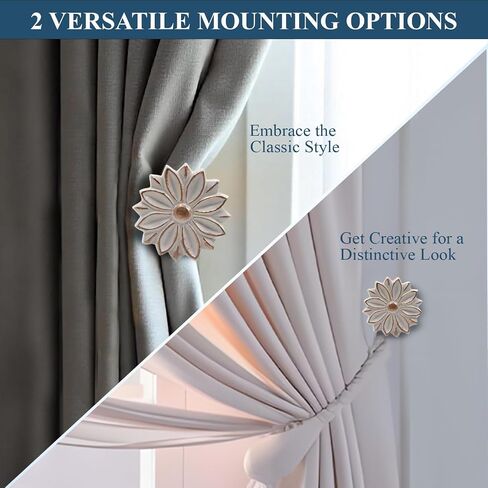The Metal Magician Wall Mounted Floral Curtain Holdbacks (Pack of 2) - Boho Flowery Curtain Holders for Living Room, Bedroom, Office Drapes - Farmhouse Tiebacks for Curtains (White Blossom) in Kuwait
