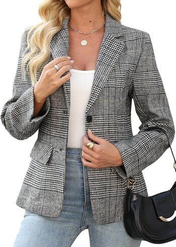 Womens Houndstooth Plaid 2 Button Blazer Jacket Notch Label Business Disual Long Sleeve Office Blazer in Saudi Arabia