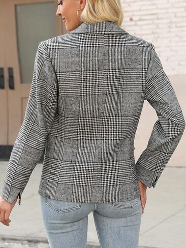 Womens Houndstooth Plaid 2 Button Blazer Jacket Notch Label Business Disual Long Sleeve Office Blazer in Saudi Arabia