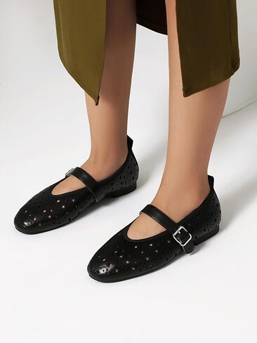 XIEDA Women's Genuine Leather Mary Janes Comfortable Cutout Ballet Flat Dress Shoes in Kuwait