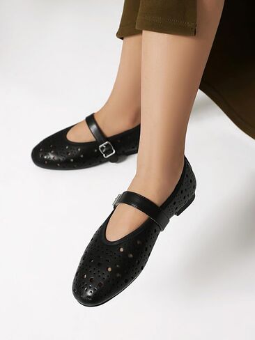 XIEDA Women's Genuine Leather Mary Janes Comfortable Cutout Ballet Flat Dress Shoes in Kuwait