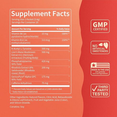 SuperFocus Focus Drink Mix – Fruit Punch Flavor – 75mg Caffeine, Alpha GPC, Lion’s Mane, Rhodiola & N-Acetyl L-Tyrosine – Sugar-Free, On-The-Go Packets – 20 Servings in Saudi Arabia