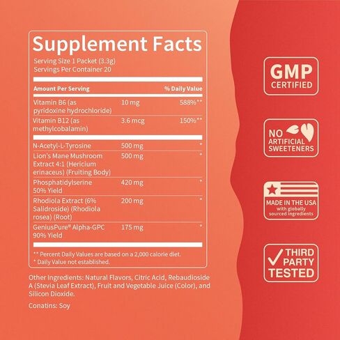 مزيج مشروب التركيز الفائق-نكهة الفاكهة-الكافيين 75 ملغ ، ألفا GPC ، Lion’s Mane ، Rhodiola & N-acetyl L-Tyrosine-حزم خالية من السكر ، على الحدود-20 حصص in Saudi Arabia