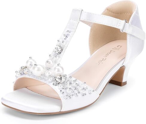 DREAM PAIRS Girls Sandals Ankle Strap T-Strap Low Heel Pearl Bow Flower Pump Dress Wedding Party Shoes for Little Kid/Big Kid in Saudi Arabia