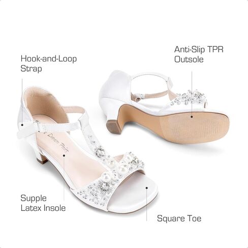 DREAM PAIRS Girls Sandals Ankle Strap T-Strap Low Heel Pearl Bow Flower Pump Dress Wedding Party Shoes for Little Kid/Big Kid in Saudi Arabia