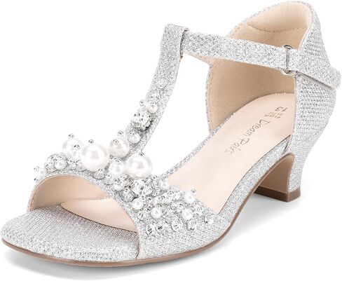 DREAM PAIRS Girls Sandals Ankle Strap T-Strap Low Heel Pearl Bow Flower Pump Dress Wedding Party Shoes for Little Kid/Big Kid in Saudi Arabia