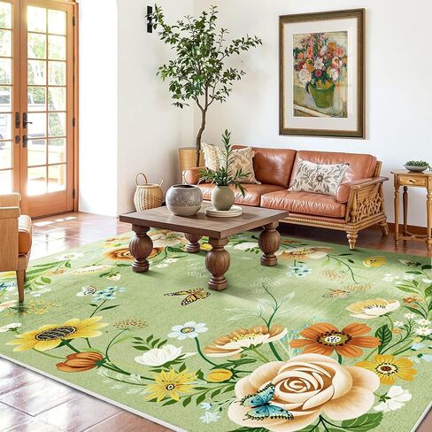 3x5 Rug for Bedroom Washable Rug Non Slip, Girl Rug, Low Pile Boho Floral Area Rug Carpet for Living Room,Bedside, Kids Room, Office, Light Green in Saudi Arabia