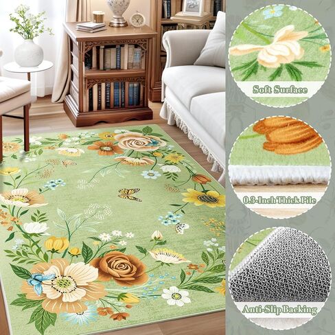 3x5 Rug for Bedroom Washable Rug Non Slip, Girl Rug, Low Pile Boho Floral Area Rug Carpet for Living Room,Bedside, Kids Room, Office, Light Green in Saudi Arabia