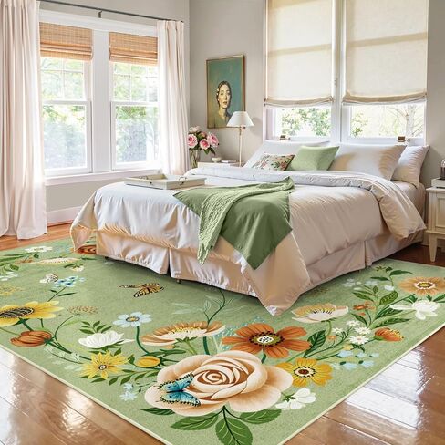 3x5 Rug for Bedroom Washable Rug Non Slip, Girl Rug, Low Pile Boho Floral Area Rug Carpet for Living Room,Bedside, Kids Room, Office, Light Green in Saudi Arabia