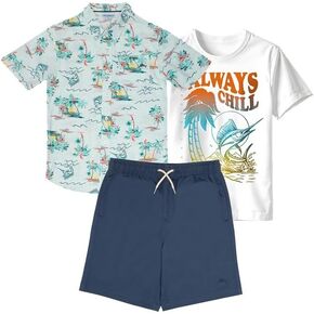 Tommy Bahama Boys Hawaiian Button Down Short-Sleeved Shirt, Graphic T-Shirt & Shorts Set, 3-Piece Summer Outfit for Kids