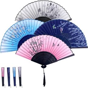 BOXOB 4pcs Popping Fans for Line Dancing, Foldable Folding Wood Clack Hand Fans Retro Pattern Chinese Style Handheld Rave Accessories for Line Dancing and More
