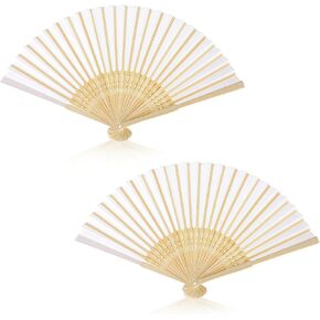 2Pcs Fabric Silk Handheld Folding Hand Fan Bamboo Ribs Chinese Japanese Style for Dancing, Party, Summer, Festival, Event Favor Birthday Wedding Guests Souvenir, Women Accessories and Gifts White