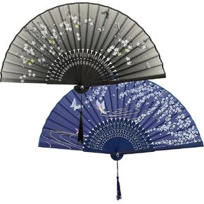 Quacc 2 PCS Handheld Fans for Women, Asian-Like Silk Lovely Floral Hand Folding Fan with Bamboo Frames for Keeping Cool Dancing Cosplay Wedding Party Prop Decoration Gift (Blue Black)