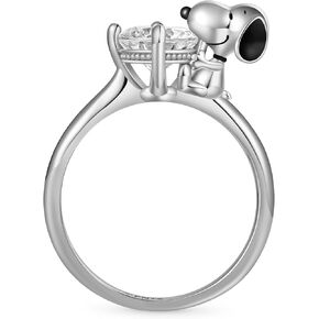 GNOCE Peanuts Snoopy Hug White Diamond Ring for Women, S925 Sterling Silver Ring for Her Wife, Valentine‘s Day, Mother’s Day Jewelry