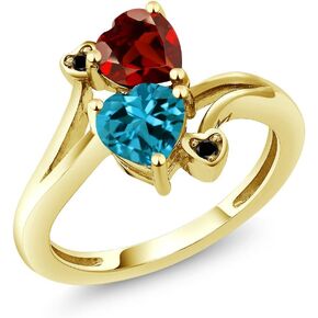 Gem Stone King 10K Yellow Gold London Blue Topaz Red Garnet and Diamond Accent Ring For Women | 1.88 Cttw | Heart Shape 6MM | Gemstone Birthstone | Available In Size 5, 6, 7, 8, 9