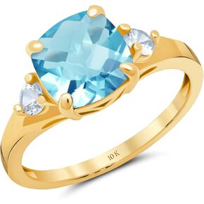 MAX + STONE 10k Gold Gemstone Rings for Women | Cushion Cut Three Stone Ring | Anti Tarnishing Birthstone Rings | Cocktail Ring with Gift Box in Size 5 to 9