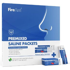 عبوات ملحية من FireAnt لشطف الجيوب الأنفية، 100 عبوة ملح Neti Pot مختلطة مسبقًا لشطف الأنف، طبيعية بالكامل، درجة صيدلانية، ودرجة الحموضة متوازنة - 100 قطعة