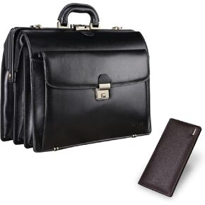 Banuce Leather Briefcase for Men 15.6 Inch Laptop Lawyer Bag + Leather Long Bifold Wallet for Men Dark Brown
