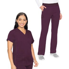 Med Couture Women's Wine V-Neck Scrub Top & Pant Set, 11 Pockets, XL