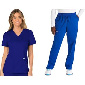 Scrub Scrub Scrub Cherokee مجموعة التفاف وهمية مع طبقات الأميرة WW610 منتصف الارتفاع مدبب الساق مرنة الخصر بانت WW105 ، Galaxy Blue - XL TOP/XL PETITE PANT