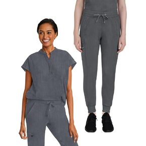 Healing Hands Women's Scrub Set Journey Top 2152 Toby Jogger Pant with Elastic Waistband 9244 Medical Scrub with 9 Pockets, Heather Grey- S Top/S Petite Pant