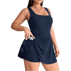 SOLY HUX Women's Plus Size Sleeveless Rompers Square Neck Athletic Tennis Dress Built in Shorts
