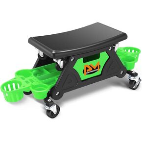 PM PERFORMOTOR Mechanic Stool - 25-1/2" x 13" x 12" (L x H x W), Rolling Work Seat w/Lockable Swivel Wheels and Storage Tool Tray, Green,PM-TOL-CRS-GR