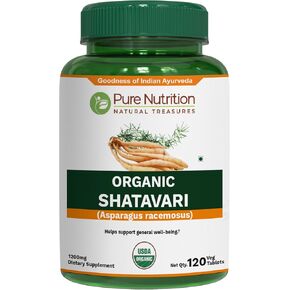 Pure Nutrition Organic Shatavari Tablets - 1200mg | 120 Count | USDA Organic | Promotes hormonal Balance & Female Reproductive Health | Non-GMO | Gluten-Free