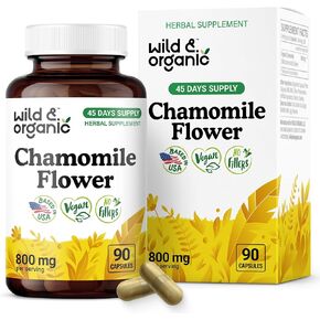 Wild & Organic Chamomile Capsules 800 mg - Relaxation & Digestive Support - Herb Chamomile Powder Supplement - Matricaria Recutita Flower - Vegan, No Fillers, Non-GMO - 90 Count