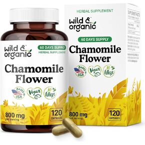 Wild & Organic Chamomile Extract Capsules 800 mg - Relaxation & Digestive Support - Chamomile Flower Extract Supplement - Matricaria Recutita Herb - Vegan, No Fillers, Non-GMO - 120 Count