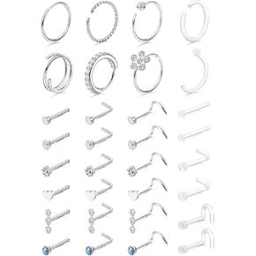 Thunaraz 32 PCS حلقات الأنف للنساء للرجال - نقص الصالح الجراحي الفولاذ المقاوم للصدأ الفولاذ المقاوم للصدأ واضحة L.