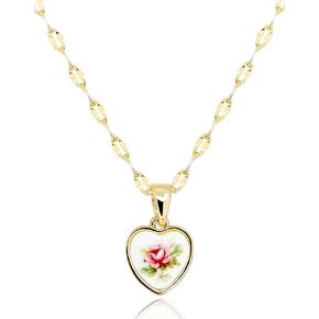 Antique Heart Pendant Necklace with Mirror Chain • Vintage Red Rose Flower Acrylic Resin Pendant • Oval Link Lip Chain Jewelry Gifts [HN-A-G]