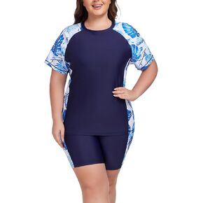 Inno Women's Plus Size 2 Piece Rash Guard Swimsuits Short Sleeve with Boyshorts UPF 50+ Surfing Swimwear 1X 2X 3X 4X 5X 6X