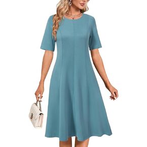 Newshows Women's 2025 Summer Business Casual Work Dress Wrinkle-Free Crewneck Midi Short Sleeve Skater Formal Office Attire