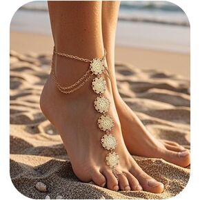 Gold Bohemian Coin Anklet Bracelet for Women Adjustable Barefoot Sandals Foot Chain Jewelry Summer Beach Coin Foot Jewelry Accessories Waterproof Coin Toe Link Chain Anklets Set