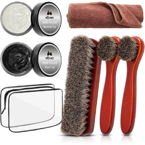 7 Pcs Portable Black Shoe Shine Kit for Men with Horsehair Brush, Bag, Cloth for Leather, Suede, Vinyl, Nubuck, Nylon, Cotton, Faux Leather Shoes Boots