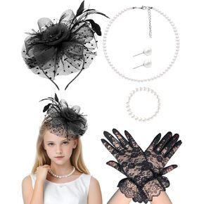 Gril Tea Party Hat 2025 Fascinators with Gloves Funeral Hats Gloves for Church Wedding 1920s 50s Accessories