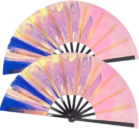 2-Pack Large Holographic Folding Hand Rave Fan, Laser Fan for Line Dance Popping, Boots on The Ground Fan for Rave Party Club in Saudi Arabia