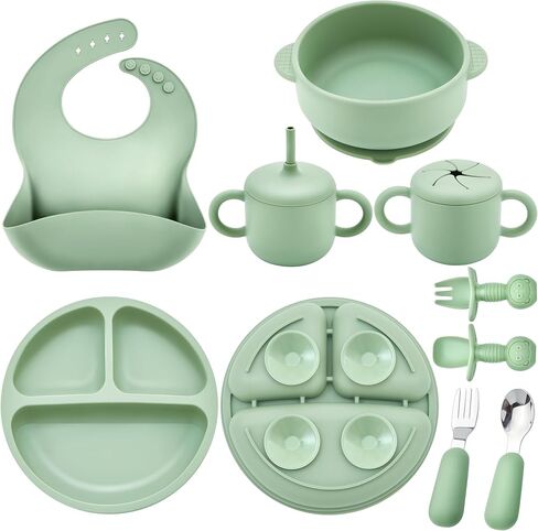 Bufims Silicone Baby Feeding Set for Baby Led Weaning 9-Piece, Sage Green | 9-piece set with Suction Plate and Bowl, Pocket Bib, Sippy Cup with Lid, Forks Spoons Snack Container, for 6+ Months in Saudi Arabia